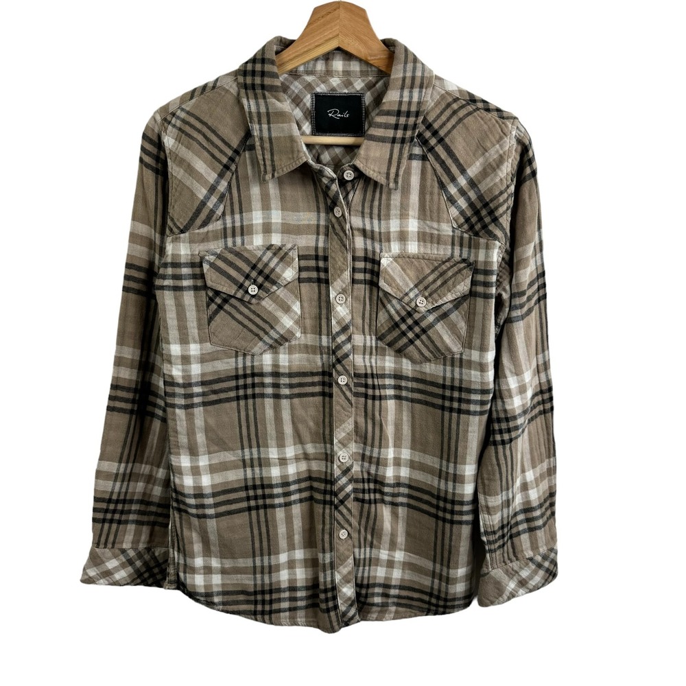 Rails button‎ down shirt Sz M Brown Plaid Cotton Pocket blouse long sleeve
